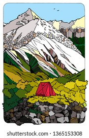 Illustration with a beautiful mountain landscape where a red tent stands in the mountains among the green nature of snowy peaks. Cool poster for the interior of the traveler