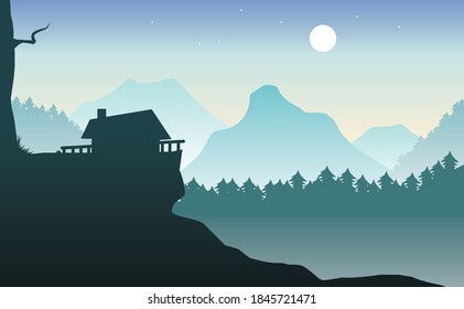 illustration of beautiful mountains and pine forest with hillside houses