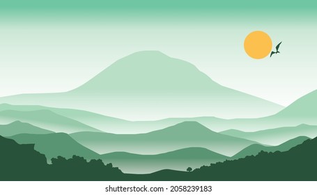 ilustración de hermosas montañas y vector de diseño plano de puesta de sol