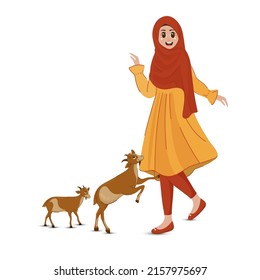 Illustration Of Beautiful Muslim Young Lady With Mother Goat And Baby Goat On White Background.