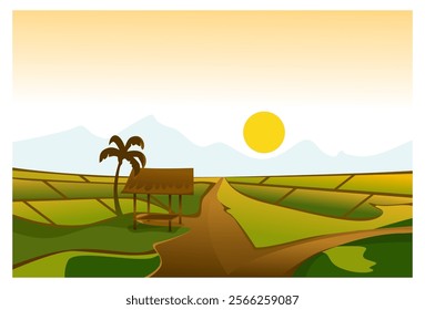 Illustration of a beautiful natural landscape in the form of a stretch of rice fields with a backdrop of mountains under the setting sun, complete with coconut trees and huts.