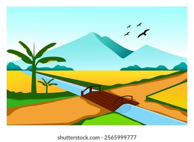 Illustration of a beautiful natural landscape of rice fields and roads and rivers with a mountain background under a bright blue sky, complete with flying birds and banana trees.