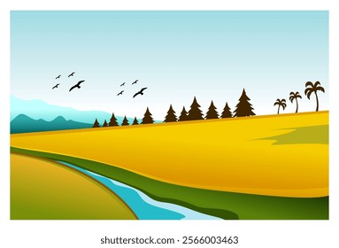 Illustration of a beautiful natural landscape of rice fields and rivers with a mountain background under a bright blue sky, complete with flying birds, banana trees and pine trees.