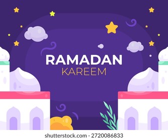 Ilustración de un hermoso y bonito edificio de la mezquita por la noche. Concepto de Ramadán Kareem, celebración, Islam, evento. Al aire libre, paisaje, naturaleza. Elementos de diseño, estilo plano. Tarjeta de felicitación, Anuncio, cartel. Fondo púrpura