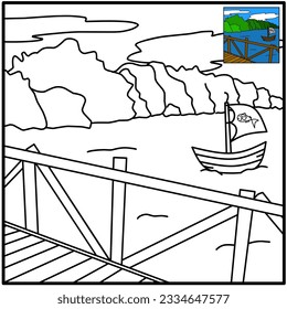 Illustration of a beautiful ocean view seen from the pier for children's coloring books. Coloring book for kids. Children drawing page. Cartoon vector illustration. 