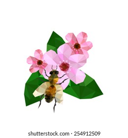 Illustration of beautiful origami cherry blossom with bee isolated on white background