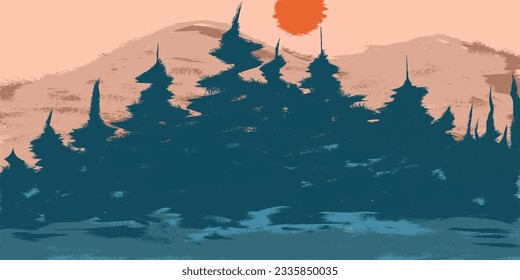 illustration of beautiful panoramic landscape of mountains and forest