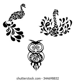 illustration with beautiful peacock and swan and owl.