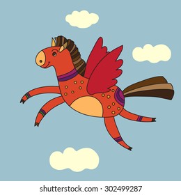 Illustration of beautiful Pegasus in the sky and clouds