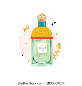 Illustration of beautiful perfume bottle on flat background with simple decor of dots and sparkles. Salon, beauty studio.