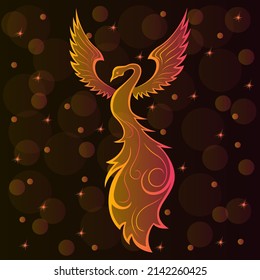 Illustration of beautiful phoenix in orange-pink hues on a dark brown background with stars and transparent circles