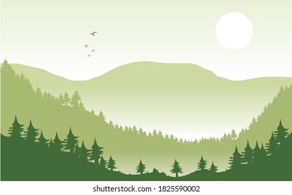 Illustration des schönen Kiefernwaldes und der Berge, Vektorgrafik