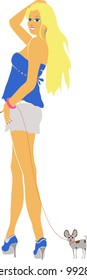 Illustration of beautiful pin-up blond haired girl with her little dog, isolated on white.
