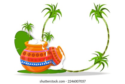 Illustration of beautiful Pongal pot and sugarcane on banana leaf for happy Pongal holiday harvest festival in South India. Sugarcane frame