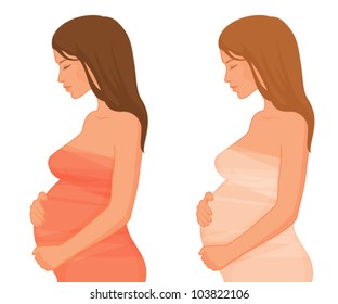 illustration of a beautiful pregnant woman with closed eyes, smiling and touching her baby bump. Profile view. Isolated on white.