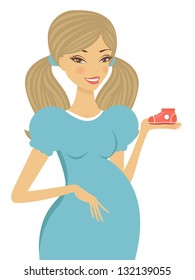 Illustration of Beautiful pregnant woman holding baby shoe
