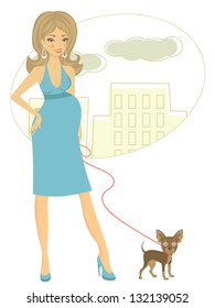 Illustration of Beautiful pregnant woman with little dog