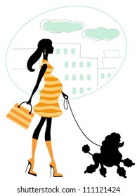 An illustration of a beautiful pregnant woman walking with poodle