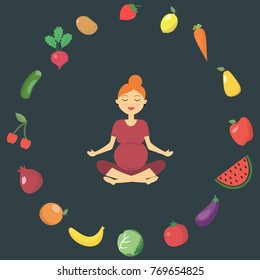 Illustration of a beautiful pregnant woman, who is engaged in fitness. Women are surrounded by vegetables and fruits. Healthy food. Healthy lifestyle. Sports for pregnant women. Vector illustration.