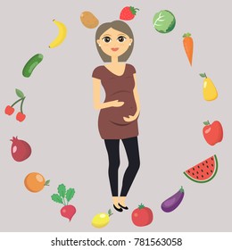 Illustration of a beautiful pregnant woman, who is engaged in fitness. Women are surrounded by vegetables and fruits. Healthy food. Healthy lifestyle. Sports for pregnant women. Vector illustration.