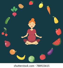 Illustration of a beautiful pregnant woman, who is engaged in fitness. Women are surrounded by vegetables and fruits. Healthy food. Healthy lifestyle. Sports for pregnant women. Vector illustration.