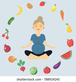 Illustration of a beautiful pregnant woman, who is engaged in fitness. Women are surrounded by vegetables and fruits. Healthy food. Healthy lifestyle. Sports for pregnant women. Vector illustration.