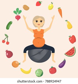 Illustration of a beautiful pregnant woman, who is engaged in fitness. Women are surrounded by vegetables and fruits. Healthy food. Healthy lifestyle. Sports for pregnant women. Vector illustration.