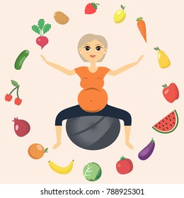 Illustration of a beautiful pregnant woman, who is engaged in fitness. Women are surrounded by vegetables and fruits. Healthy food. Healthy lifestyle. Sports for pregnant women. Vector illustration.