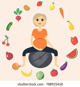 Illustration of a beautiful pregnant woman, who is engaged in fitness. Women are surrounded by vegetables and fruits. Healthy food. Healthy lifestyle. Sports for pregnant women. Vector illustration.