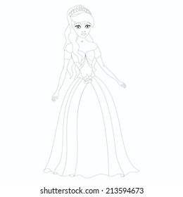 Illustration of beautiful princess, coloring book page, gentle princess, vector illustration for children