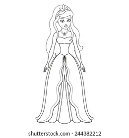 Illustration of beautiful princess, coloring book page, gentle princess, vector illustration for children