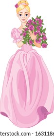 Illustration of beautiful princess holds bouquet