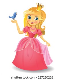 Illustration of beautiful princess keeping a bird on a hand on wight background. Vector illustration. 