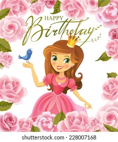 Illustration of beautiful princess keeping a bird on a hand on wight background. Vector illustration. 