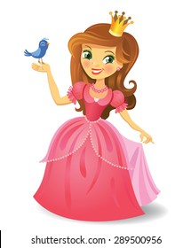 Illustration of beautiful princess keeping a bird on a hand on wight background. Vector illustration.