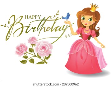 Illustration of beautiful princess keeping a bird on a hand on wight background. Vector illustration. 