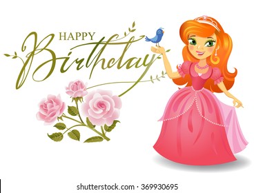 Illustration of beautiful princess keeping a bird on a hand on wight background. Vector illustration. 