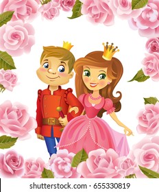 Illustration of beautiful Princess and Prince in frame of roses on wight background , Possible to use as party invitation, greeting card, banner. Vector illustration.