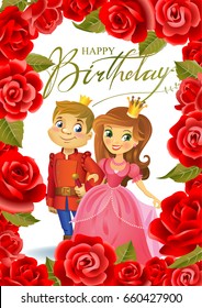 Illustration of beautiful Princess and Prince in frame of roses on wight background , Possible to use as party invitation, greeting card, banner. Vector illustration.