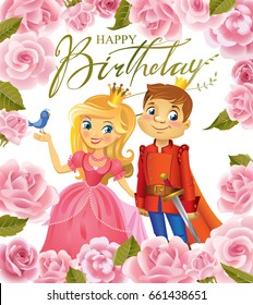 Illustration of beautiful Princess and Prince in frame of roses on wight background , Possible to use as party invitation, greeting card, banner. Vector illustration.