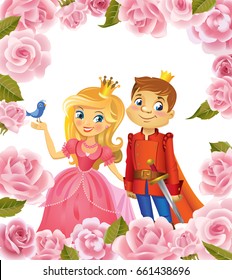 Illustration of beautiful Princess and Prince in frame of roses on wight background , Possible to use as party invitation, greeting card, banner. Vector illustration.