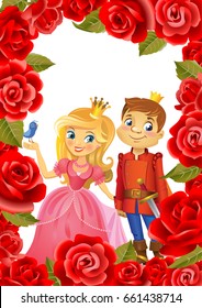 Illustration of beautiful Princess and Prince in frame of roses on wight background , Possible to use as party invitation, greeting card, banner. Vector illustration.