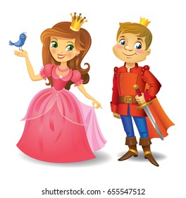 Illustration of beautiful princess and prince on wight background. Vector illustration.