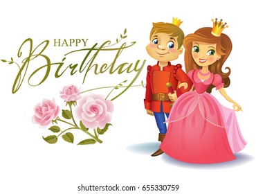 Illustration of beautiful Princess and Prince with roses on wight background , Possible to use as party invitation, greeting card, banner. Vector illustration.