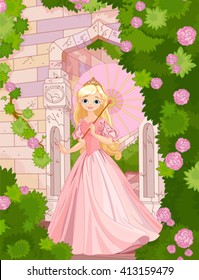 Illustration of beautiful princess at summer day under umbrella