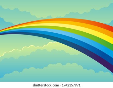Illustration with a beautiful rainbow in the cloudy sky.