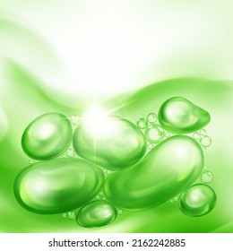 Illustration with beautiful realistic air bubbles with bright glare, floating in water or other liquid, in green color