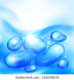 Illustration with beautiful realistic air bubbles with bright glare, floating in water or other liquid, in light blue color