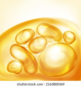 Illustration with beautiful realistic air bubbles with bright glare, floating in water or other liquid, in yellow color
