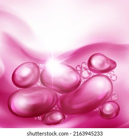 Illustration with beautiful realistic air bubbles with bright glare, floating in water or other liquid, in crimson color